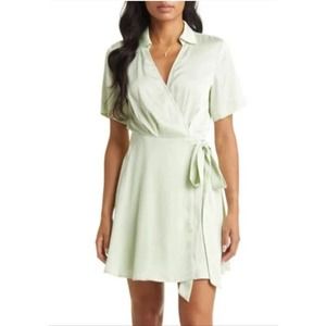 VICI Wrap Mini Dress Misty Jade Collar V-Neck Satin Dress Wedding Guest NWT
